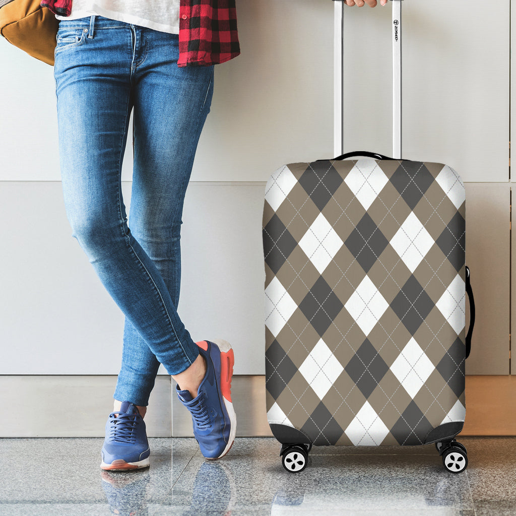 Brown And White Argyle Pattern Print Luggage Cover