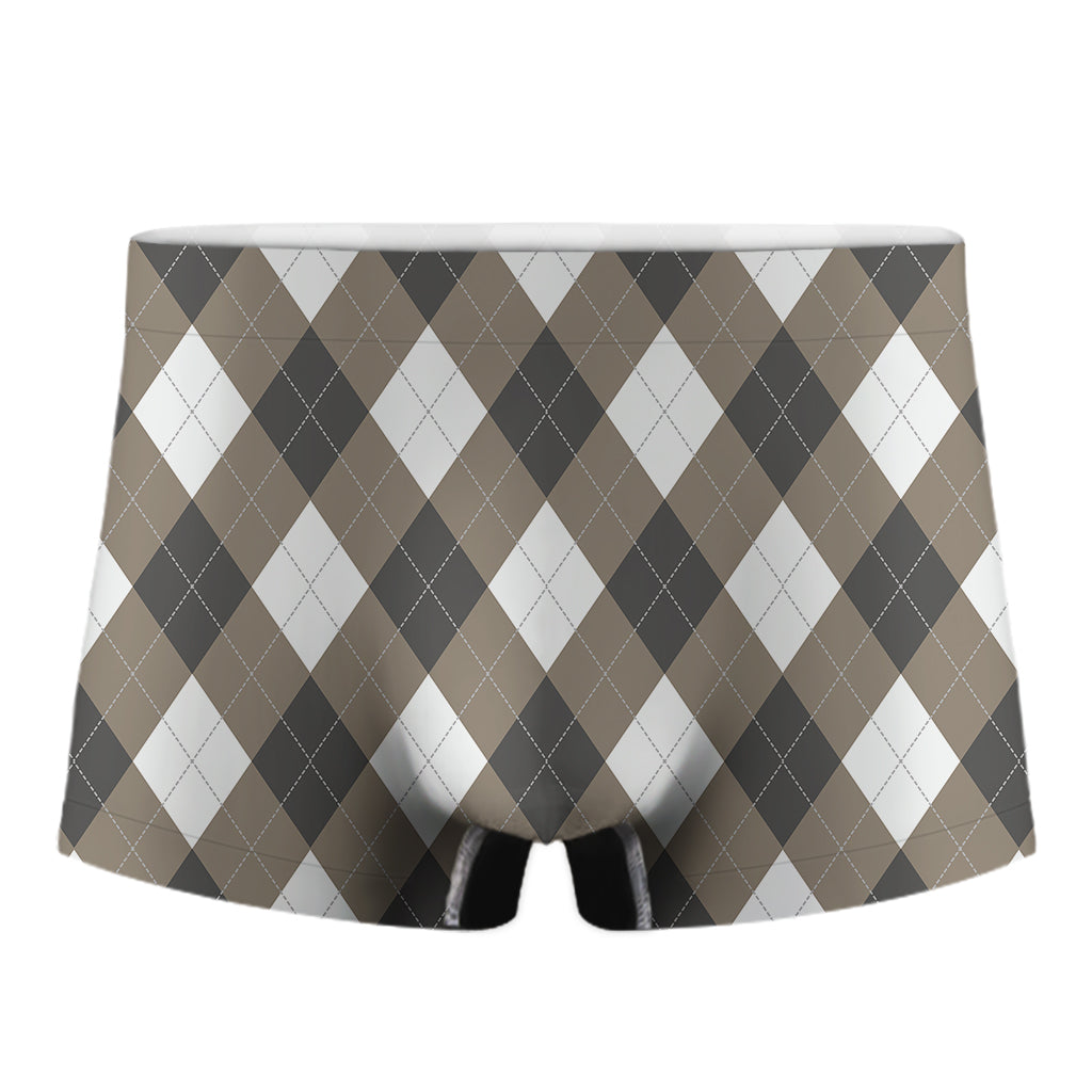 Brown And White Argyle Pattern Print Men's Boxer Briefs