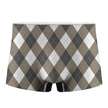 Brown And White Argyle Pattern Print Men's Boxer Briefs