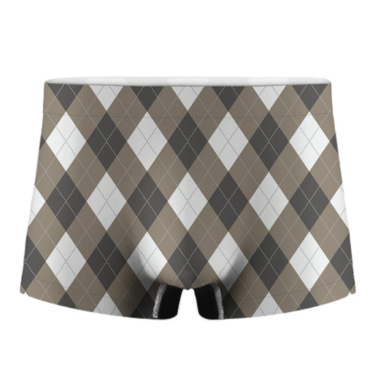 Brown And White Argyle Pattern Print Men's Boxer Briefs