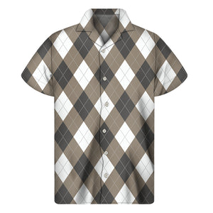 Brown And White Argyle Pattern Print Men's Short Sleeve Shirt