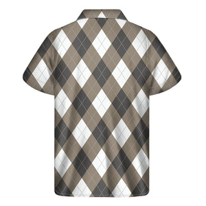 Brown And White Argyle Pattern Print Men's Short Sleeve Shirt