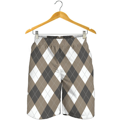 Brown And White Argyle Pattern Print Men's Shorts
