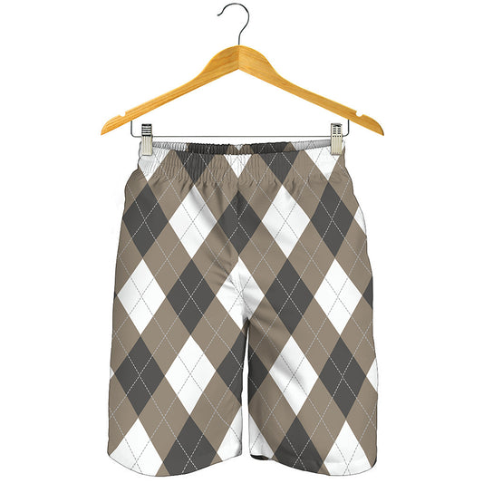 Brown And White Argyle Pattern Print Men's Shorts