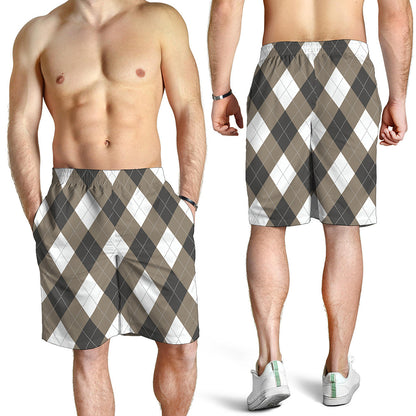 Brown And White Argyle Pattern Print Men's Shorts