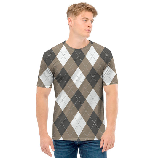 Brown And White Argyle Pattern Print Men's T-Shirt