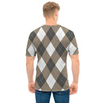 Brown And White Argyle Pattern Print Men's T-Shirt