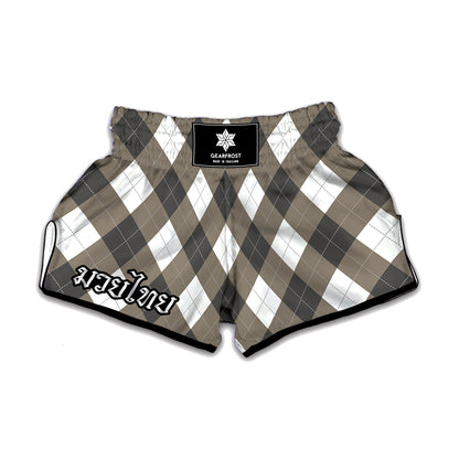 Brown And White Argyle Pattern Print Muay Thai Boxing Shorts