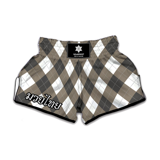 Brown And White Argyle Pattern Print Muay Thai Boxing Shorts