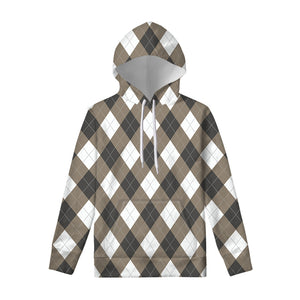 Brown And White Argyle Pattern Print Pullover Hoodie