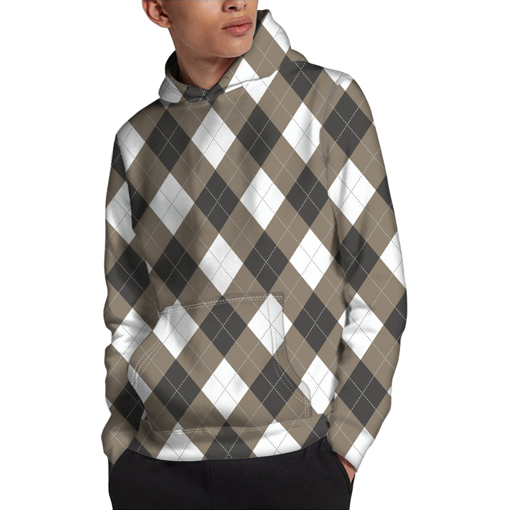 Brown And White Argyle Pattern Print Pullover Hoodie