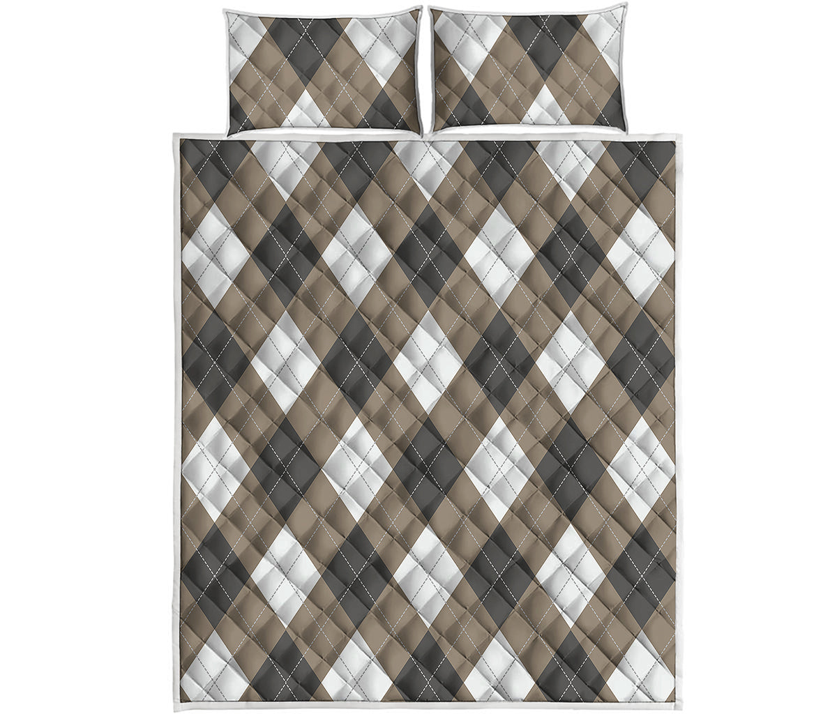 Brown And White Argyle Pattern Print Quilt Bed Set