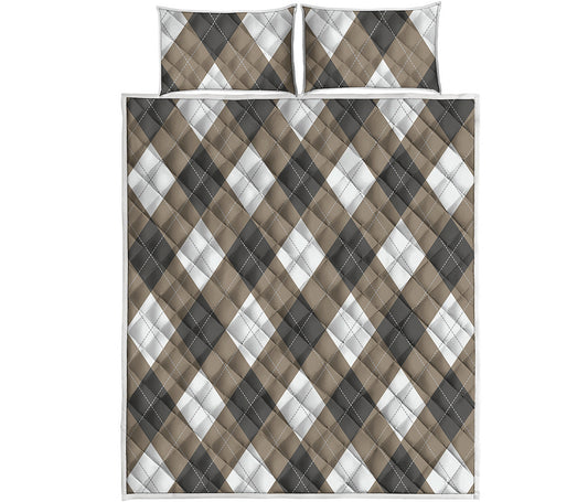 Brown And White Argyle Pattern Print Quilt Bed Set