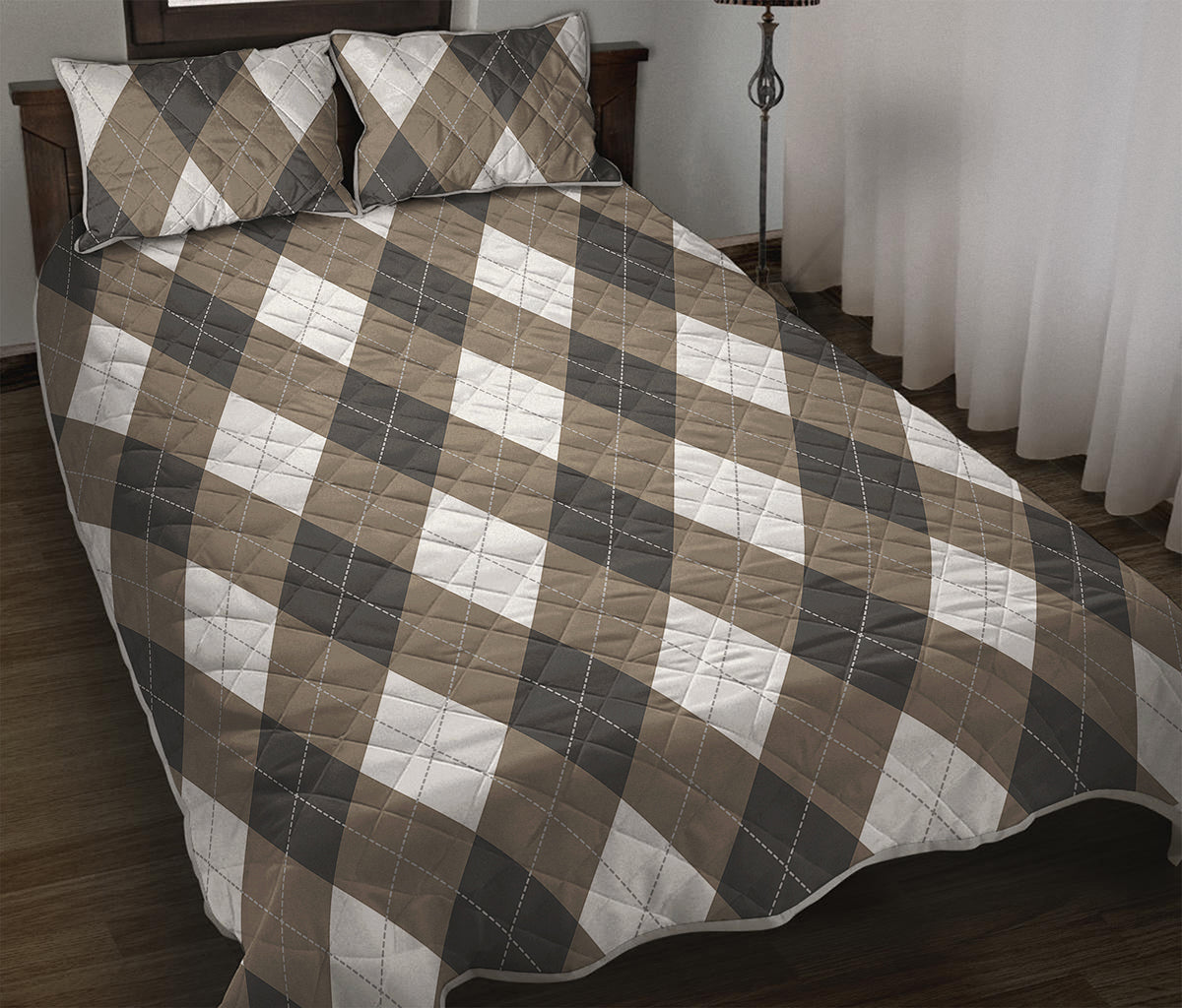 Brown And White Argyle Pattern Print Quilt Bed Set