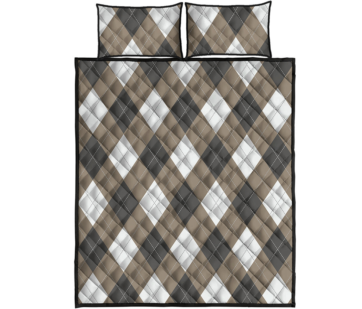 Brown And White Argyle Pattern Print Quilt Bed Set