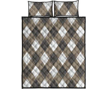 Brown And White Argyle Pattern Print Quilt Bed Set