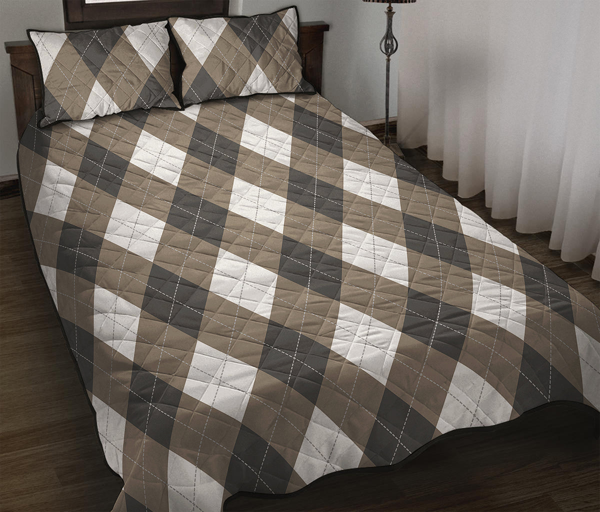 Brown And White Argyle Pattern Print Quilt Bed Set