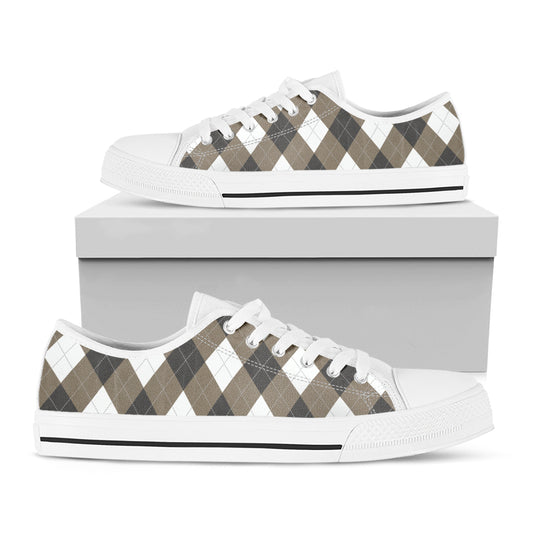 Brown And White Argyle Pattern Print White Low Top Shoes