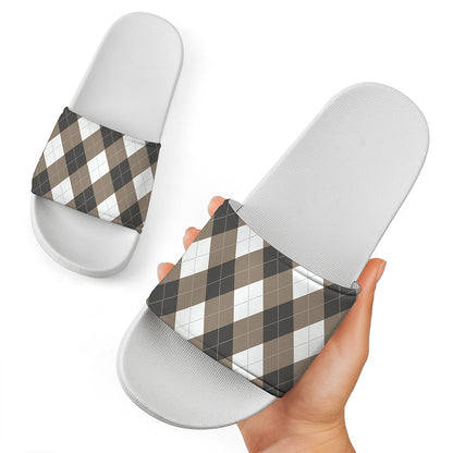 Brown And White Argyle Pattern Print White Slide Sandals