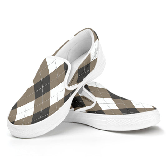 Brown And White Argyle Pattern Print White Slip On Shoes