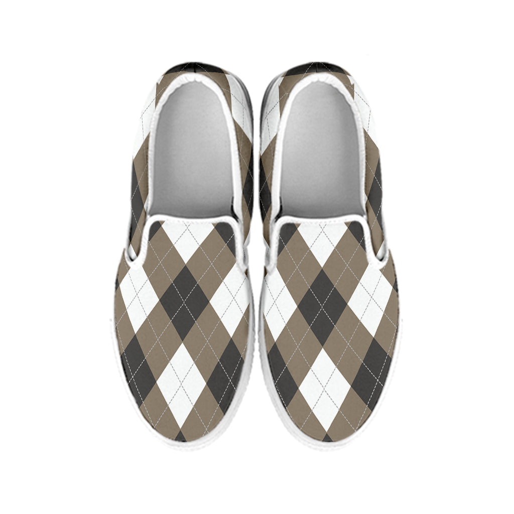 Brown And White Argyle Pattern Print White Slip On Shoes