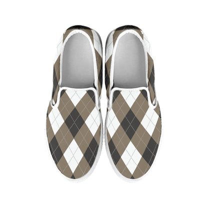 Brown And White Argyle Pattern Print White Slip On Shoes