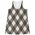 Brown And White Argyle Pattern Print Women's Racerback Tank Top