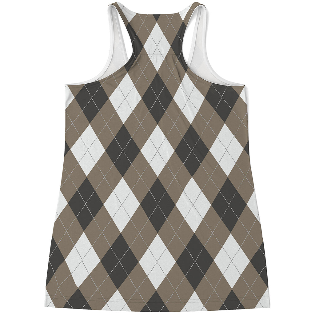Brown And White Argyle Pattern Print Women's Racerback Tank Top