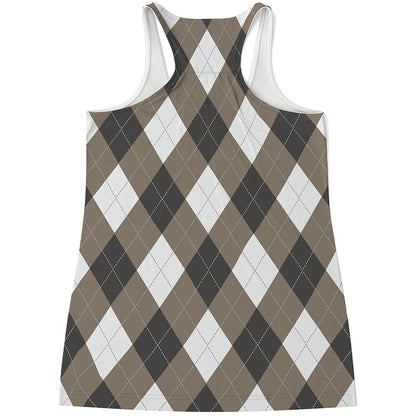 Brown And White Argyle Pattern Print Women's Racerback Tank Top