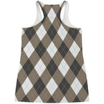 Brown And White Argyle Pattern Print Women's Racerback Tank Top