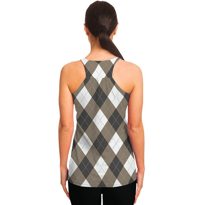 Brown And White Argyle Pattern Print Women's Racerback Tank Top