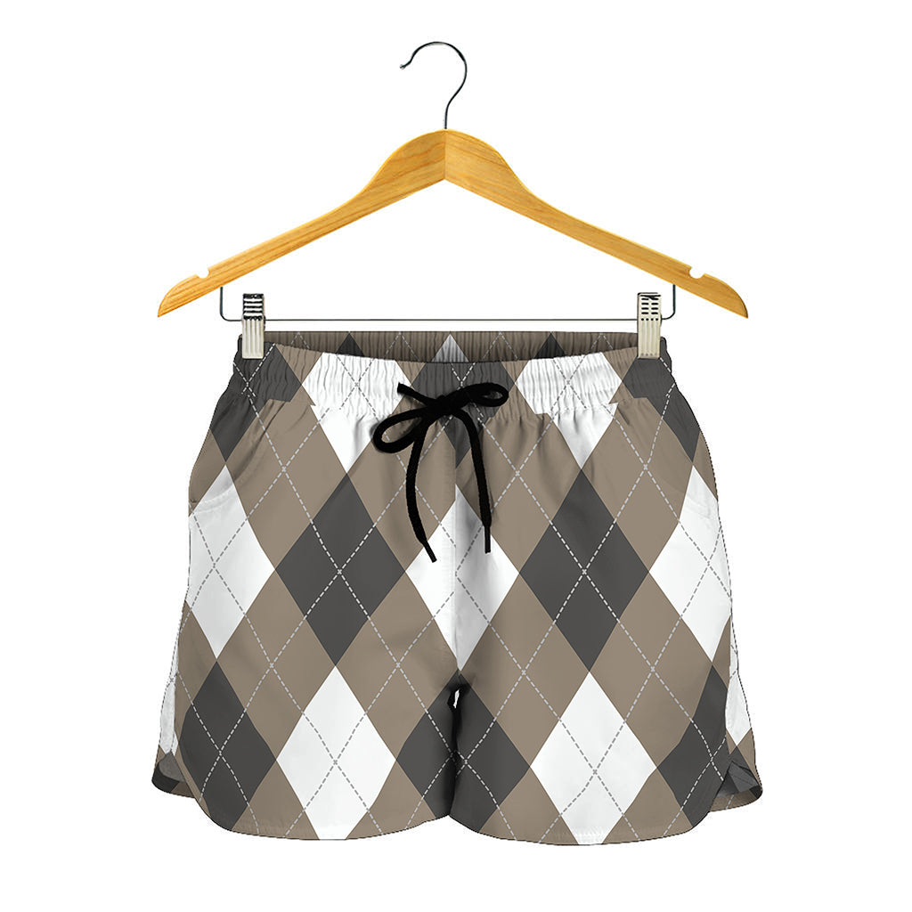 Brown And White Argyle Pattern Print Women's Shorts