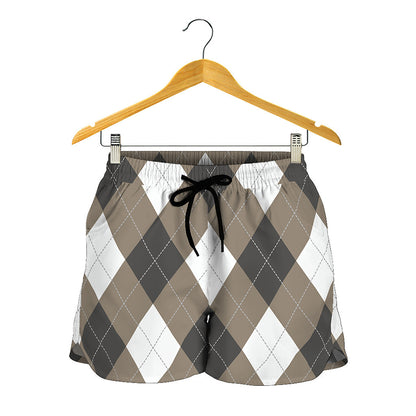 Brown And White Argyle Pattern Print Women's Shorts
