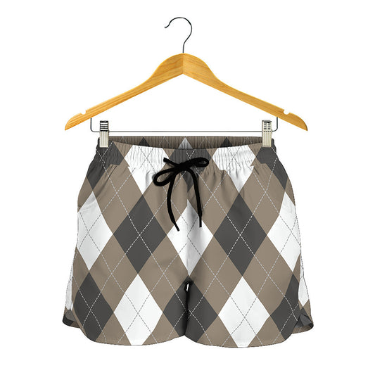 Brown And White Argyle Pattern Print Women's Shorts