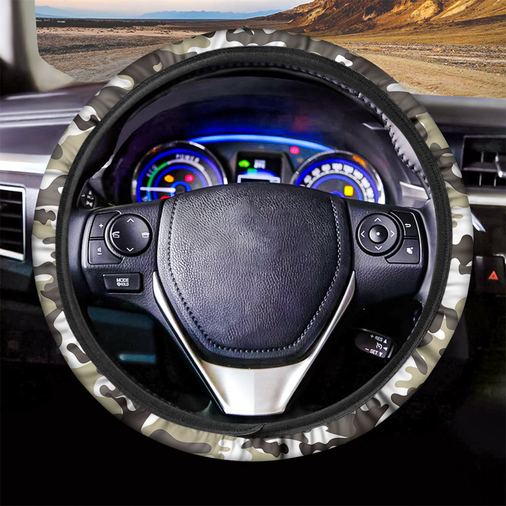 Brown And White Camouflage Print Car Steering Wheel Cover