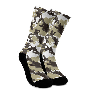 Brown And White Camouflage Print Crew Socks