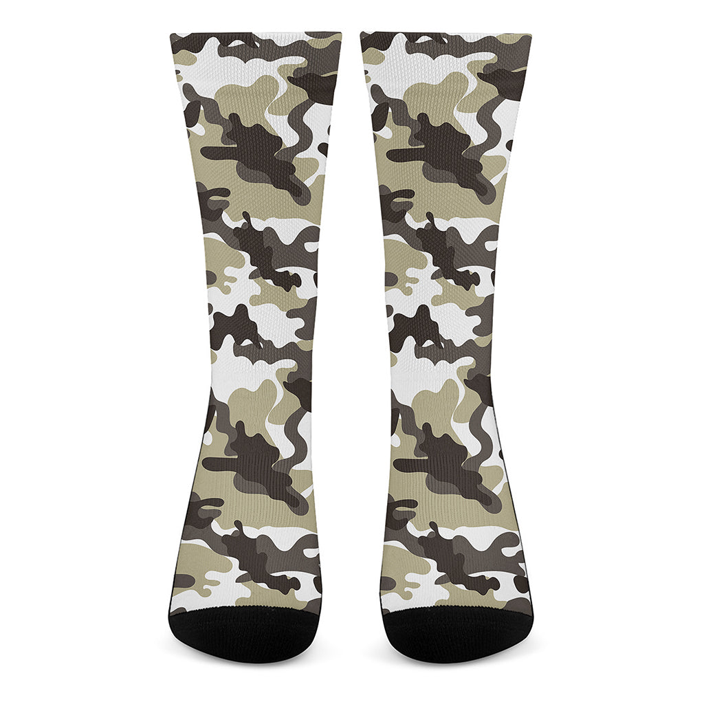 Brown And White Camouflage Print Crew Socks
