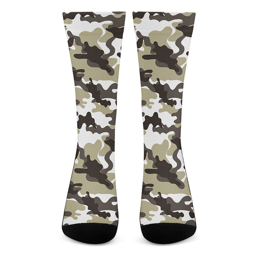 Brown And White Camouflage Print Crew Socks