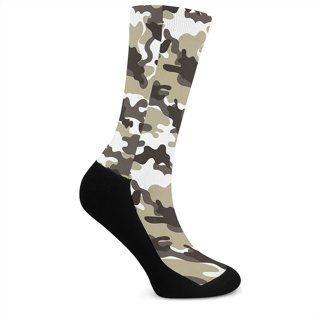 Brown And White Camouflage Print Crew Socks