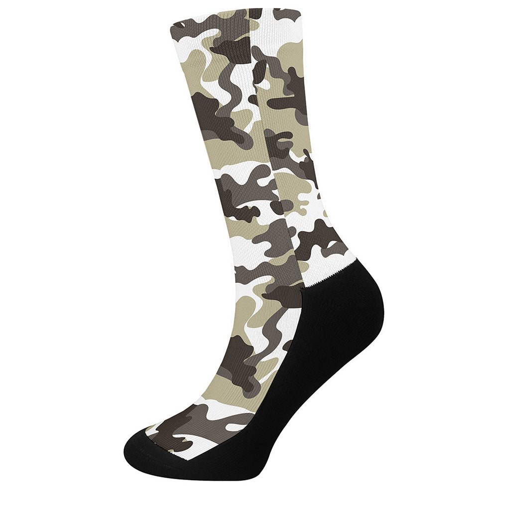 Brown And White Camouflage Print Crew Socks