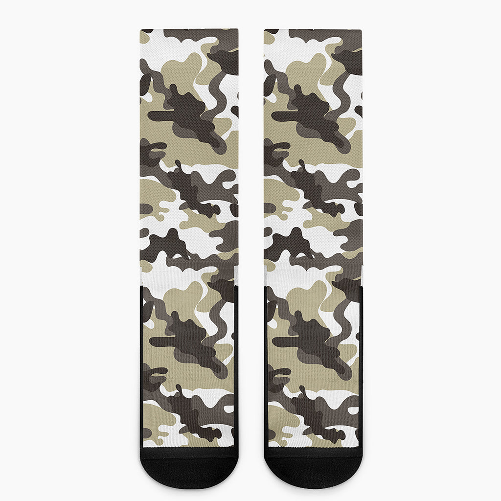 Brown And White Camouflage Print Crew Socks