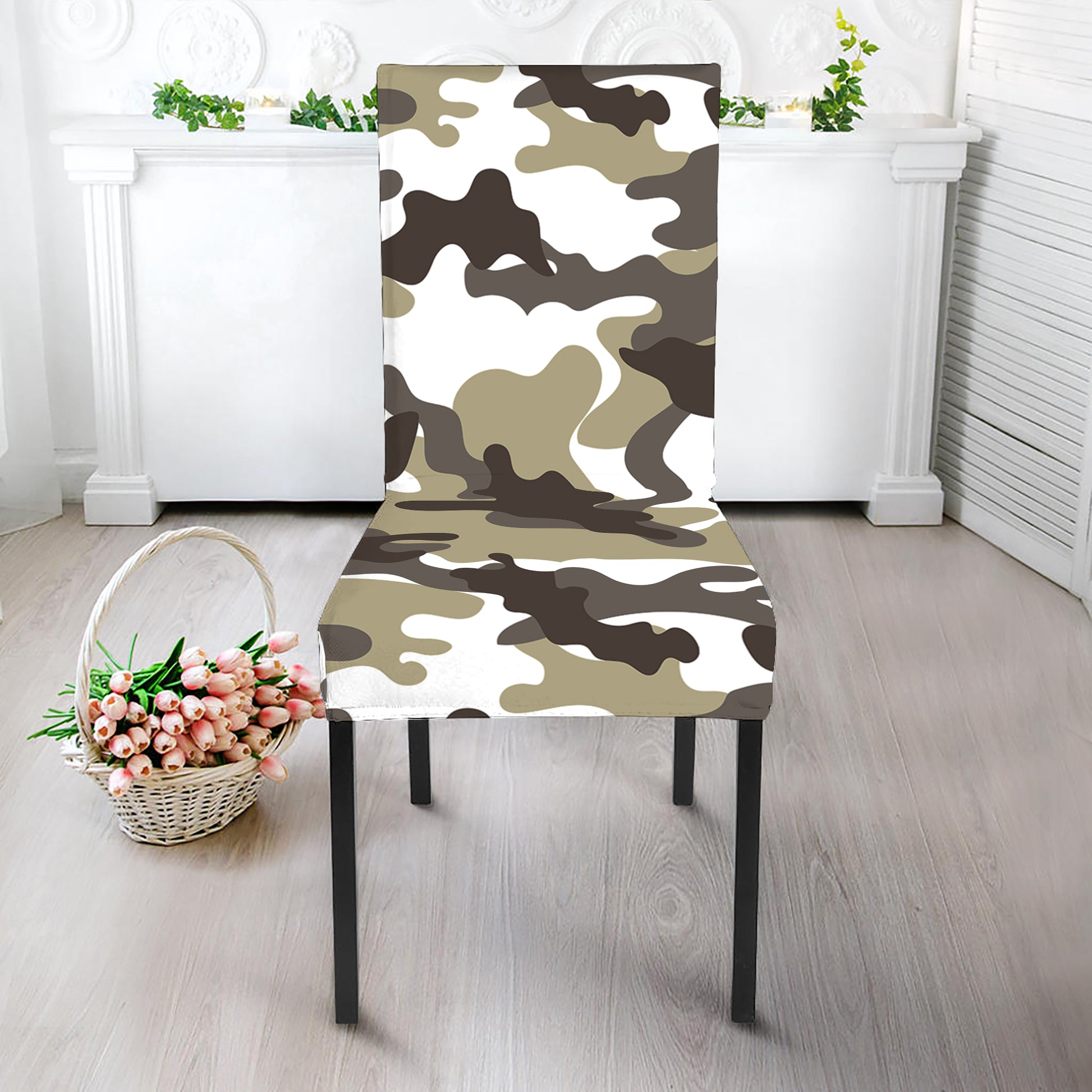Brown And White Camouflage Print Dining Chair Slipcover