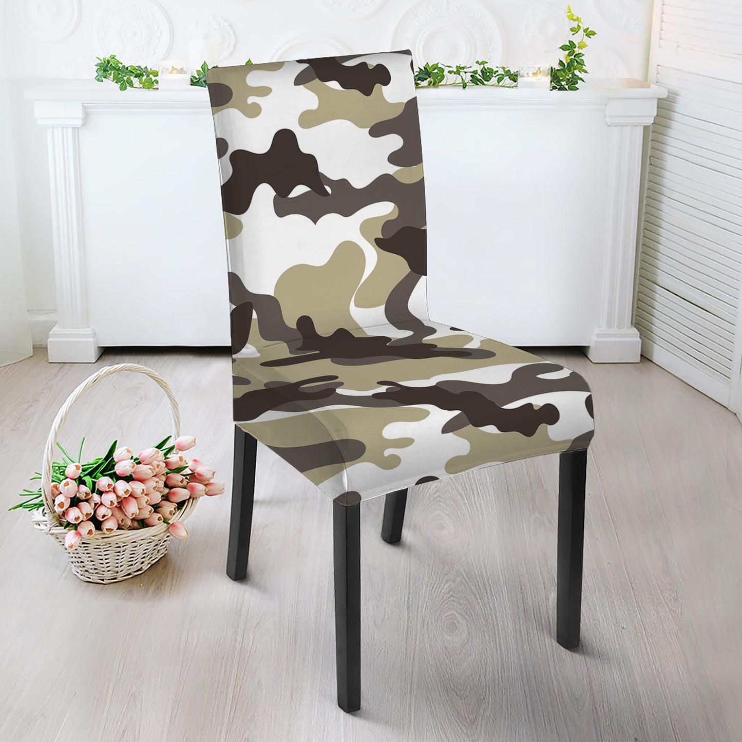 Brown And White Camouflage Print Dining Chair Slipcover