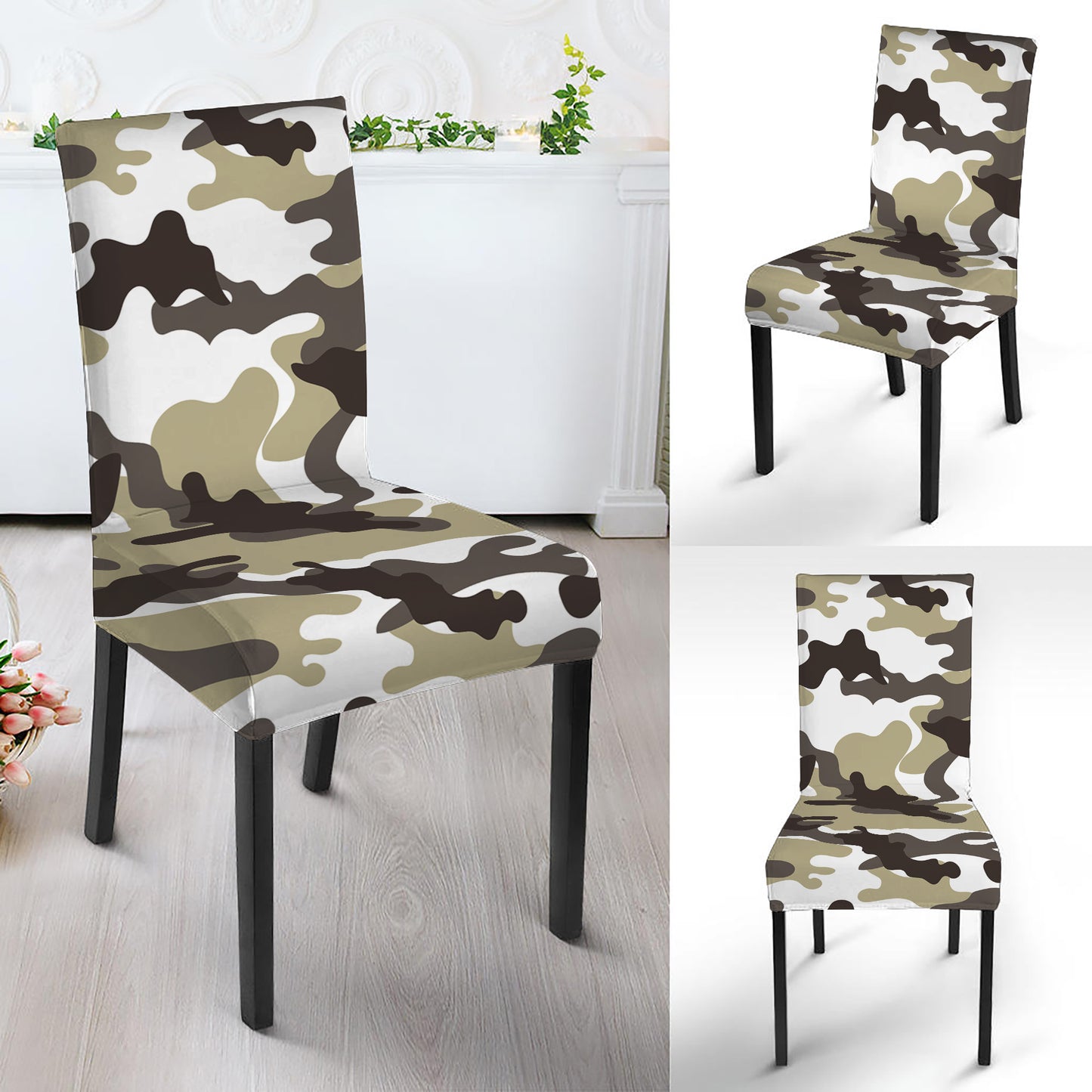 Brown And White Camouflage Print Dining Chair Slipcover