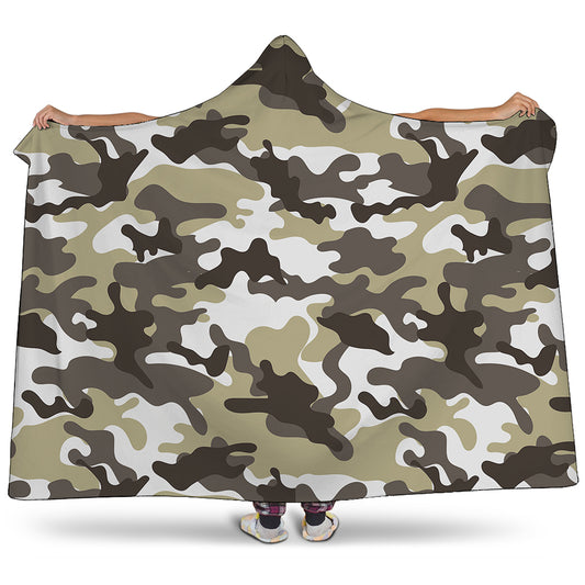 Brown And White Camouflage Print Hooded Blanket