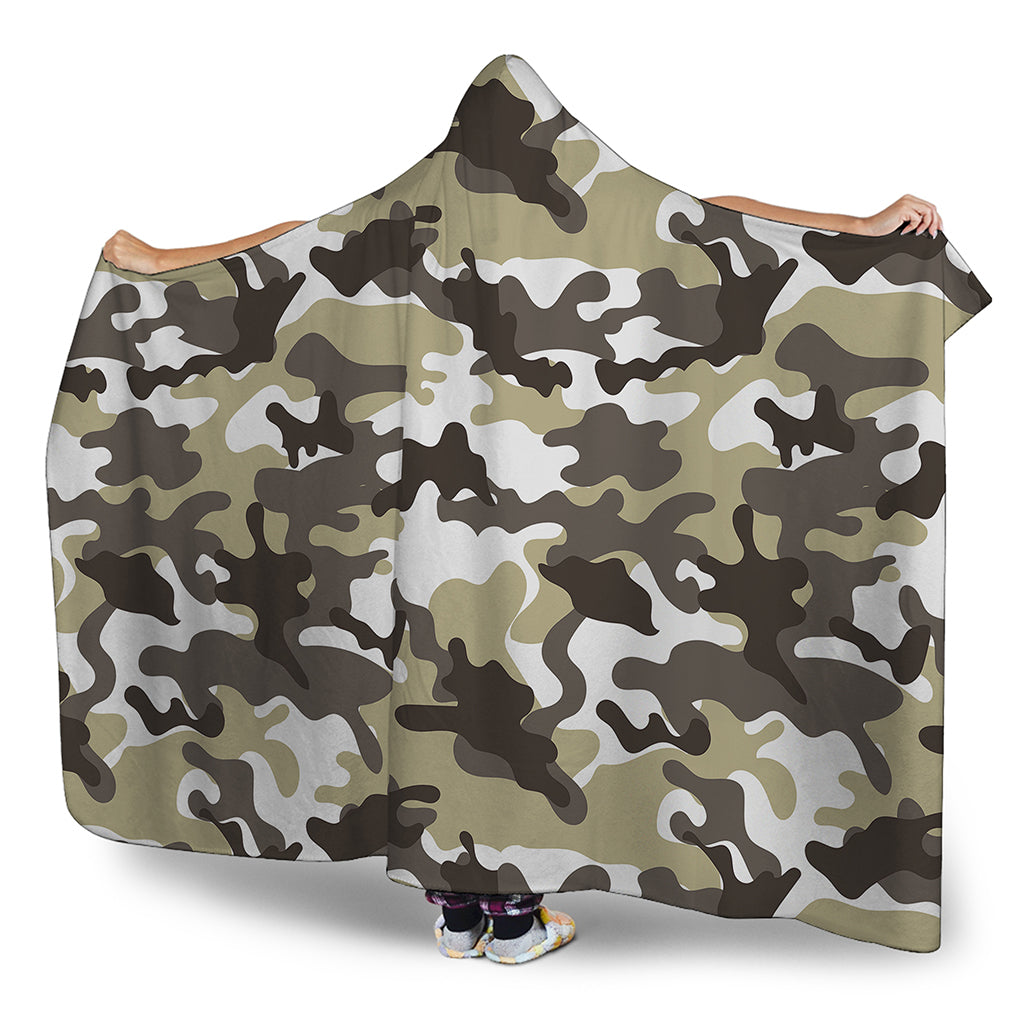 Brown And White Camouflage Print Hooded Blanket
