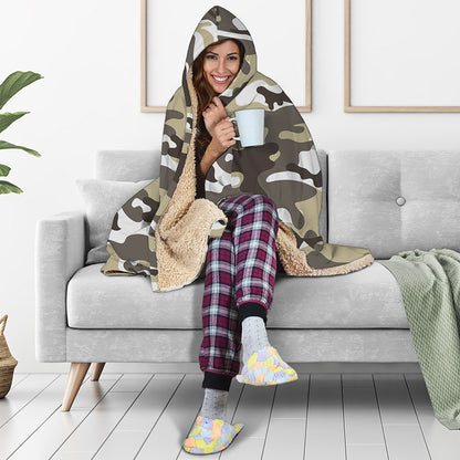 Brown And White Camouflage Print Hooded Blanket