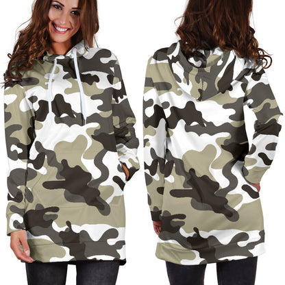 Brown And White Camouflage Print Hoodie Dress GearFrost