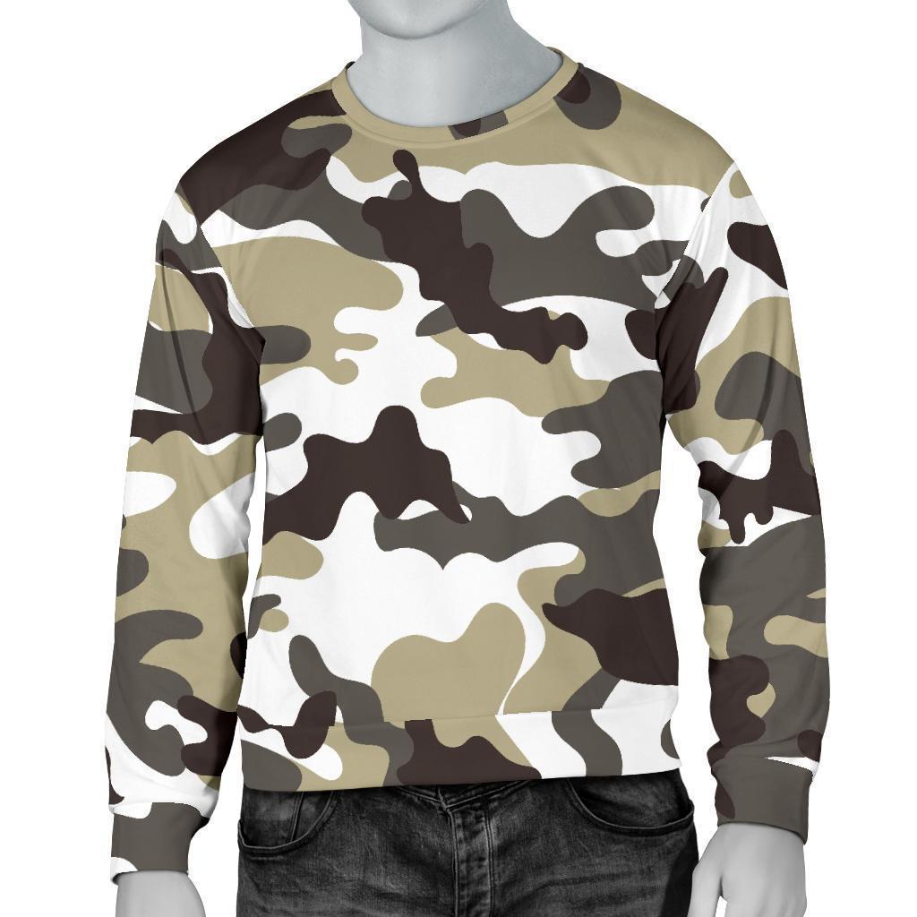 Brown And White Camouflage Print Men's Crewneck Sweatshirt GearFrost