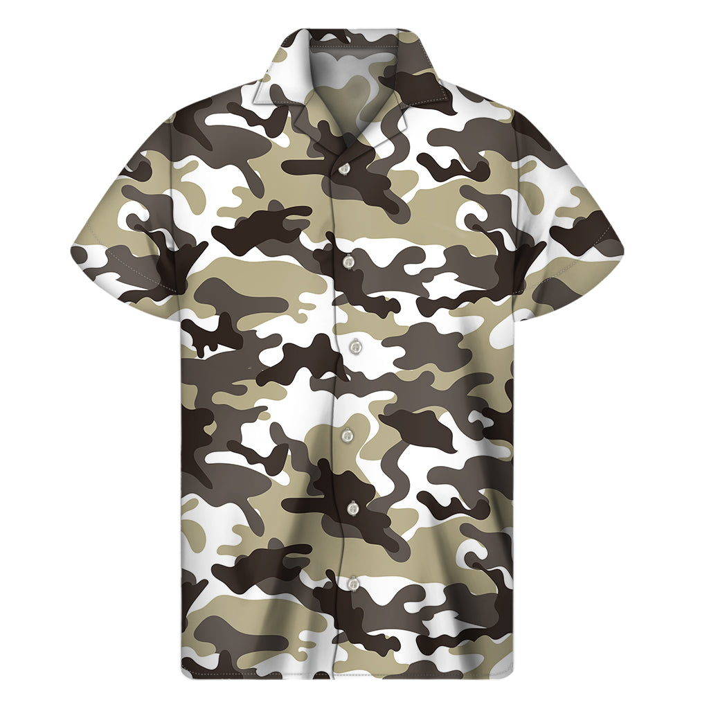 Brown And White Camouflage Print Men's Short Sleeve Shirt